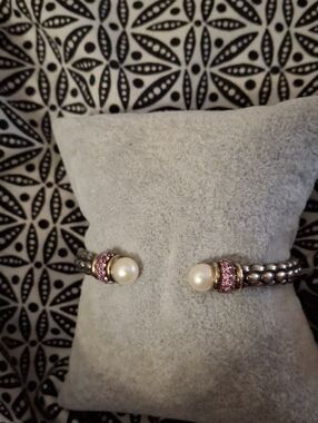 Pearl and Pink Saphire Silver And Gold Open Cuff Bracelet - Women Jewelry
